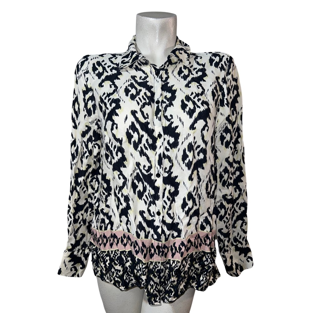 Zara Top Womens Ikat Tribal Print Button Down Shirt Black White Pink Sz L Large